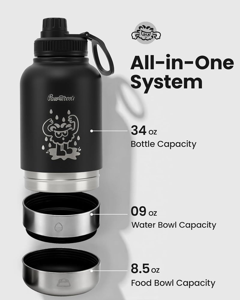 Pawccoli 34oz Dog Water Bottle, Stainless Steel Dog Water Bottle Dispenser with Detachable Food & Water Bowls, Keeps Water Hot/Cold, for Walking, Hiking, Camping(Black) - Image 2